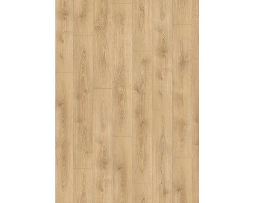 Laminatboden in Eichenoptik mit natürlicher Holzmaserung und Astlöchern im Dielenformat.