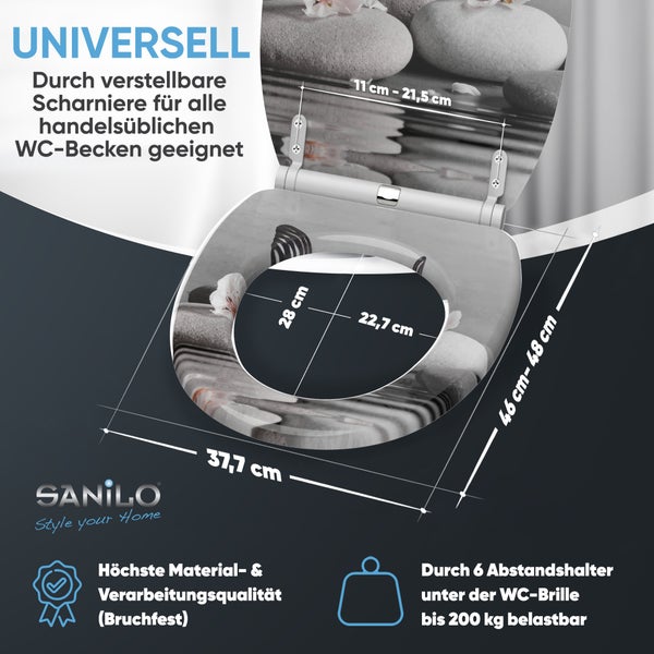 Sanilo WC-Sitz universell passend: Breite 37,7 Zentimeter, Länge 46 bis 48 Zentimeter. Belastbar bis 200 Kilogramm, bruchfest. Sanilo Logo.