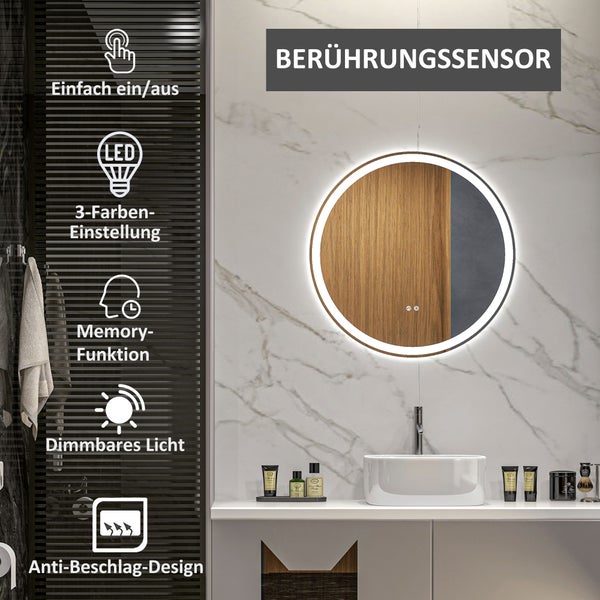 kleankin Badezimmerspiegel, Badspiegel mit LED Beleuchtung, Ø 60 cm Leuchtspiegel mit Touch-Funktion, Memory-Funktion, kein Beschlagen, Wandspiegel mit Alurahmen