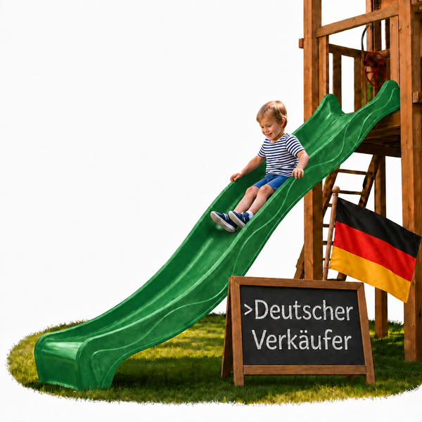 Kind auf einer Wellenrutsche an einem Spielturm aus Holz im Garten, Hinweis auf einen deutschen Verkäufer.