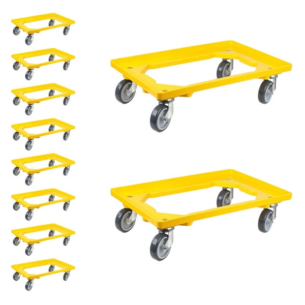 PROREGAL SparSet 10x Transportroller für Euroboxen 60 x 40 cm mit Gummiräder Gelb Offenes Deck 2 Lenkrollen und 2 Bockrollen Traglast 300 kg
