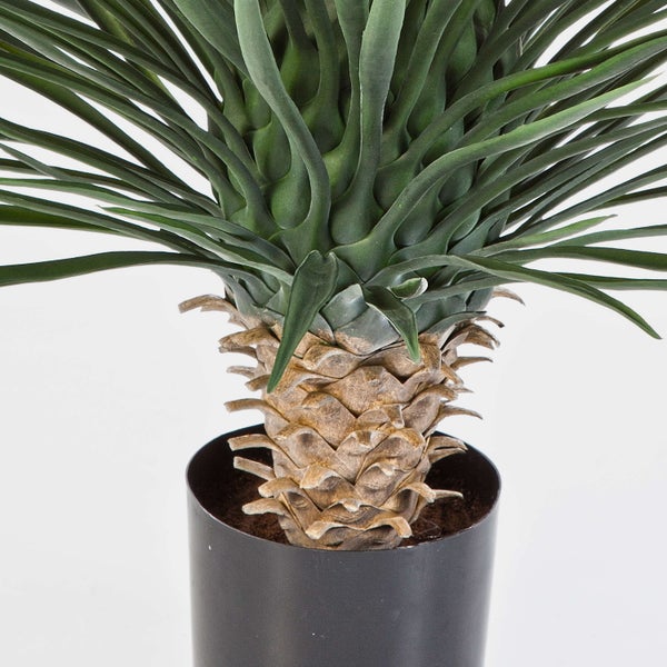 Künstliche Yucca Pflanzen mit langen grünen Blättern und strukturierten braunen Stämmen in schwarzen Töpfen.