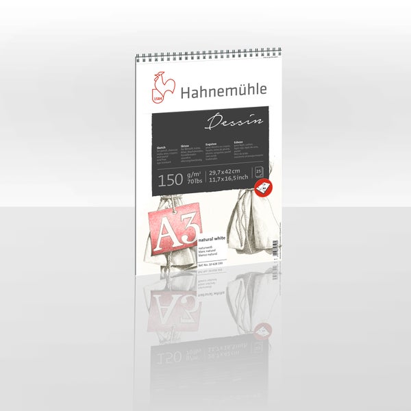 Hahnemühle Skizzenblock Dessin, naturweiß, 150 Gramm pro Quadratmeter, Format A3, 29,7 mal 42 Zentimeter, Spiralbindung.