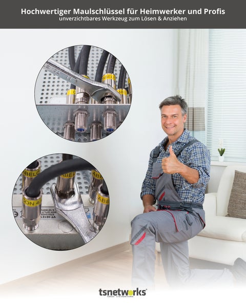 Maulschlüssel extra flach 11 + 13mm, Schraubenschlüssel extrem stabil, Gabelschlüssel für F Stecker & enge Stellen, professioneller Montageschlüssel, zur Sat Schüssel Fixierung