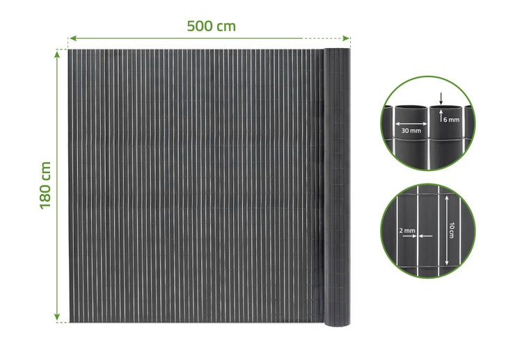 PVC Sichtschutzmatte in 180 mal 500 Zentimeter mit Lamellenbreite 30 Millimeter und Stärke 6 Millimeter für den Garten.