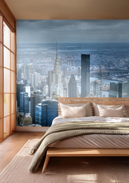 Schlafzimmer mit Fototapete einer New Yorker Skyline