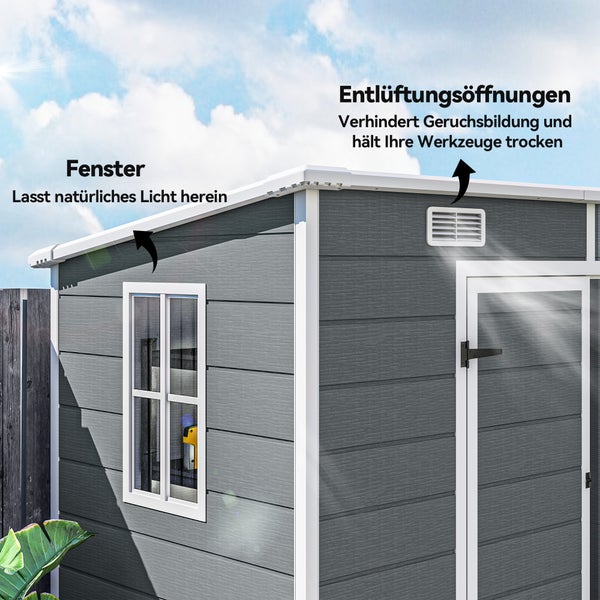 Gerätehaus mit Fenster für Lichteinfall und Lüftungsschlitzen zur trockenen Aufbewahrung von Werkzeugen.