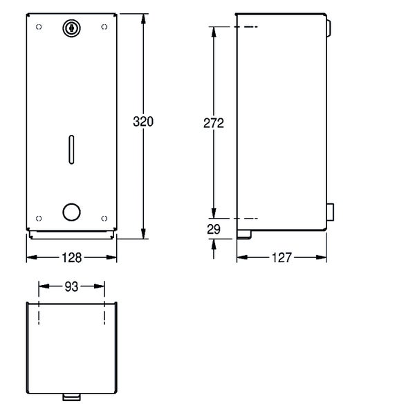 Technische Zeichnung eines Seifenspenders mit Maßangaben in Millimeter: Höhe 320, Breite 128, Tiefe 127.