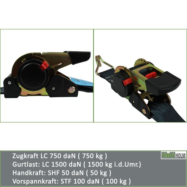 Trutzholm Ratschenspanner mit Gurtband, Zugkraft 750 Kilogramm, Gurtlast 1500 Kilogramm, Handkraft 50 Kilogramm, Vorspannkraft 100 Kilogramm.