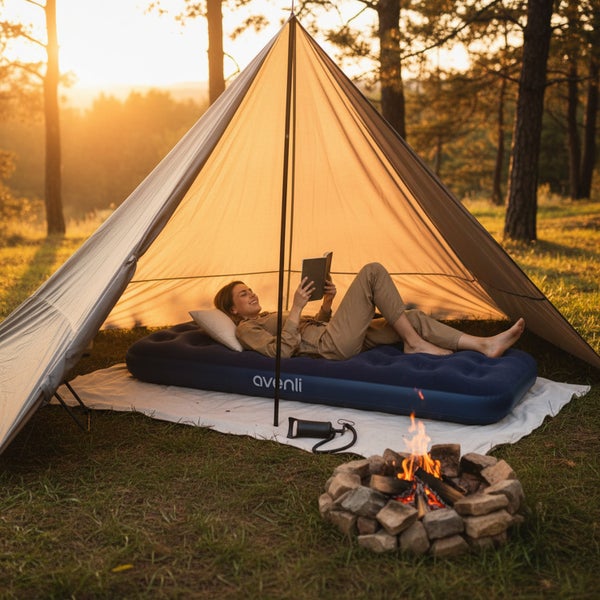Frau liest auf einer Avenli Luftmatratze in einem Tipi-Zelt im Wald beim Camping mit Lagerfeuer bei Sonnenuntergang.