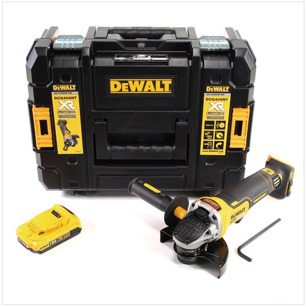 DeWALT Akku-Winkelschleifer DCG406NT Set mit 18 Volt Akku, Transportkoffer TSTAK und Sechskantschlüssel.