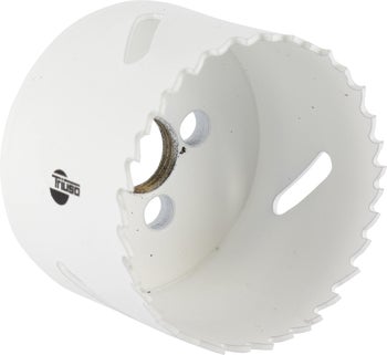 Weiße Bimetall-Lochsäge mit Triuso Logo zum Bohren von runden Löchern.