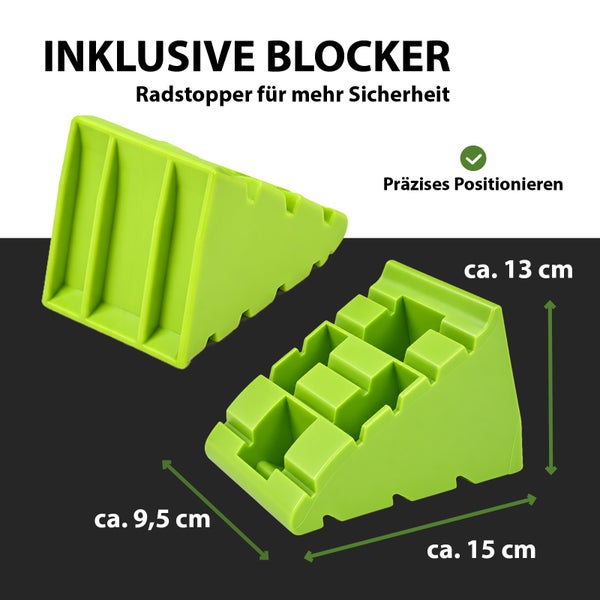 Kunststoff Radstopper für PKW oder Wohnwagen mit Maßen von circa 15 mal 13 mal 9,5 Zentimeter zur sicheren Fixierung von Fahrzeugen.