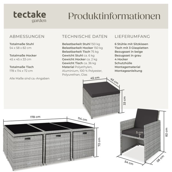 Rattan Sitzgruppe tectake New York 2 Bezugssets, zusammenschiebbar, inklusive Schutzhülle mit Aluminiumgestell hellgrau