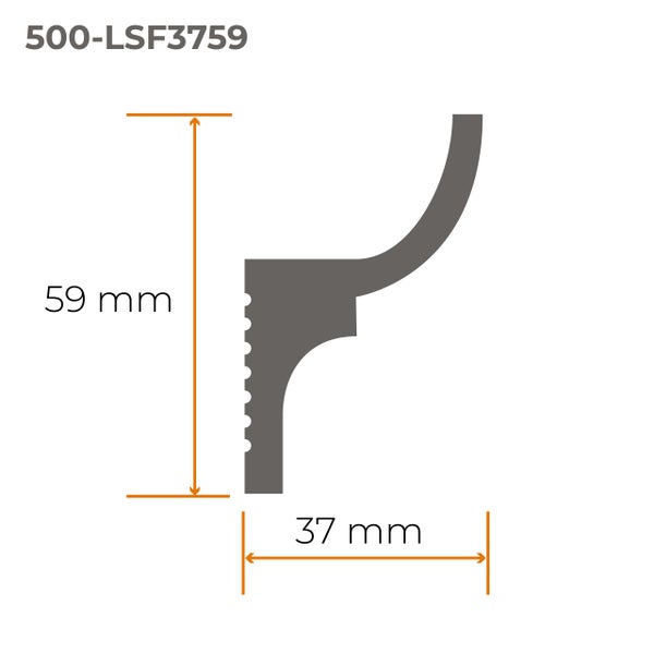 Technische Zeichnung mit Querschnitt der Deckenleiste 500 LSF3759 mit Maßen von 59 Millimeter Höhe und 37 Millimeter Breite.