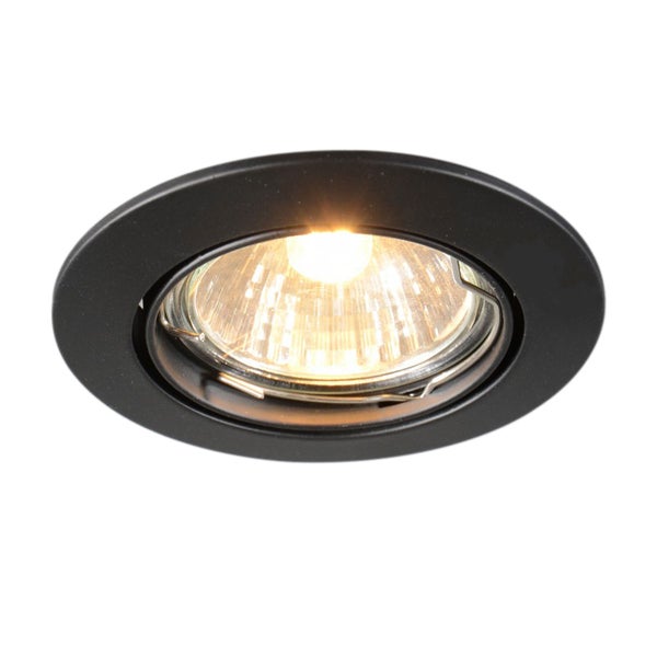 Runder, schwarzer Einbaustrahler mit eingeschalteter Lichtquelle.