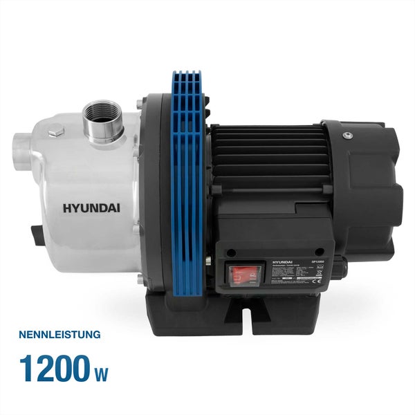 Hyundai Gartenpumpe GP12050 mit einer Nennleistung von 1200 Watt und Edelstahlgehäuse.