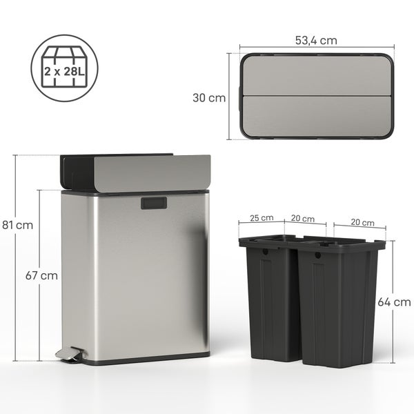 Tretmülleimer mit zwei Inneneimern zu je 28 Liter. Breite 53,4 Zentimeter, Tiefe 30 Zentimeter, Höhe 67 bis 81 Zentimeter.