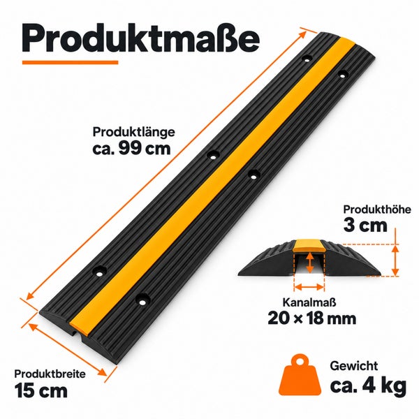 Technische Zeichnung mit Maßangaben für eine Gummikabelbrücke mit einem Kabelkanal. Länge 99 Zentimeter, Breite 15 Zentimeter, Höhe 3 Zentimeter.