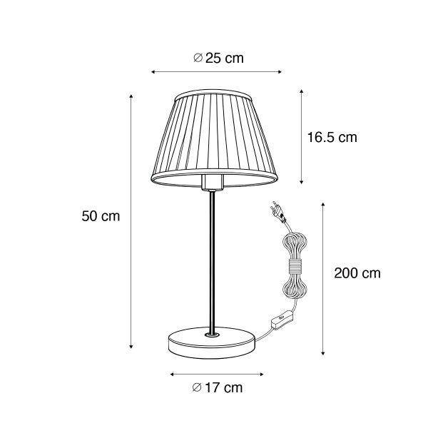 Technische Zeichnung einer Tischleuchte mit den Maßen: Gesamthöhe 50 cm, Lampenschirmdurchmesser 25 cm, Lampenschirmhöhe 16,5 cm, Fußdurchmesser 17 cm, Kabellänge 200 cm.