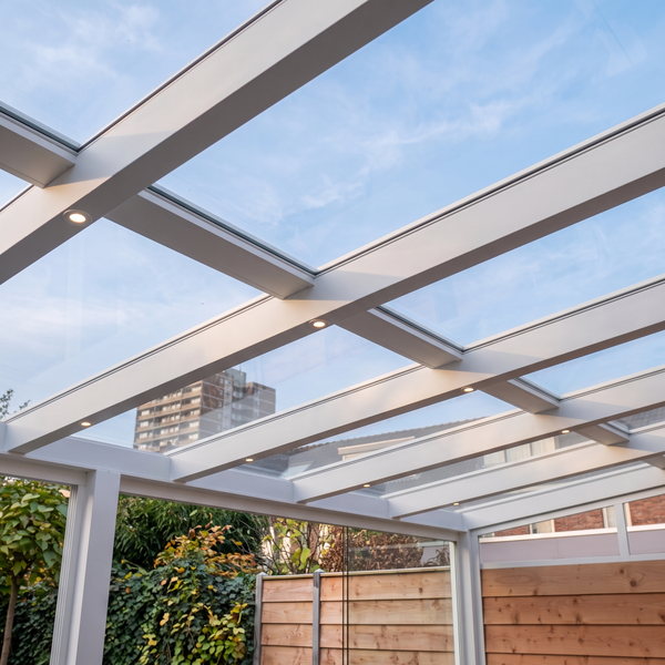 Terrassenüberdachung mit Glasdach und integrierter LED Beleuchtung in der Konstruktion