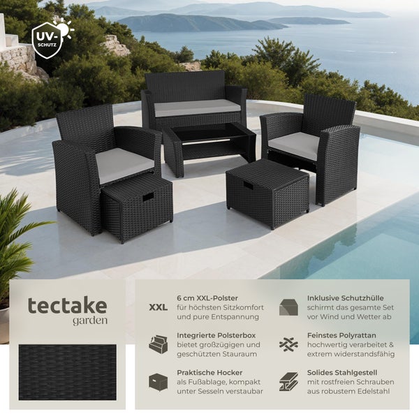 Rattan Sitzgruppe tectake Modena inklusive Staufach und Schutzhülle für 4 bis 6 Personen schwarz/grau