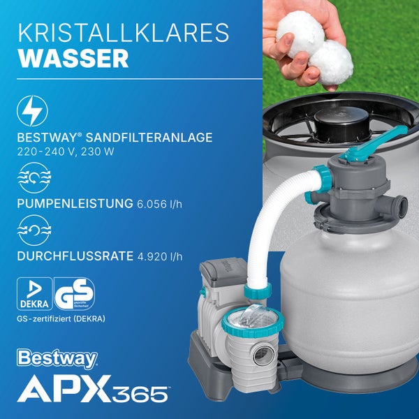 Bestway Sandfilteranlage APX365 mit Pumpe, Filterbällen, DEKRA Logo und GS Logo. Leistung 230 Watt, Durchflussrate 4.920 Liter pro Stunde.