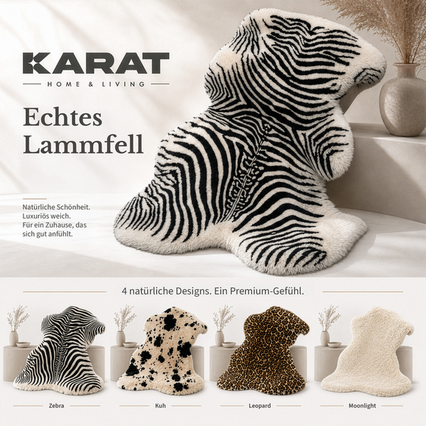 Karat Home & Living Logo, echtes Lammfell in vier verschiedenen Designs: Zebra-Muster, Kuh-Muster, Leopard-Muster und einfarbig Cremeweiß.