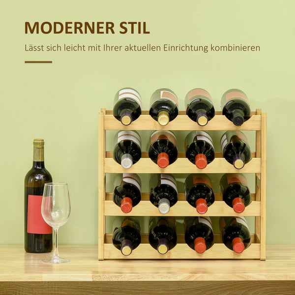 HOMCOM Weinregal Flaschenregal Weinhalter für 16 Flaschen Wasserfestes Standregal Getränkeregal aus Bambus Naturholz 43 x 23,5 x 38 cm