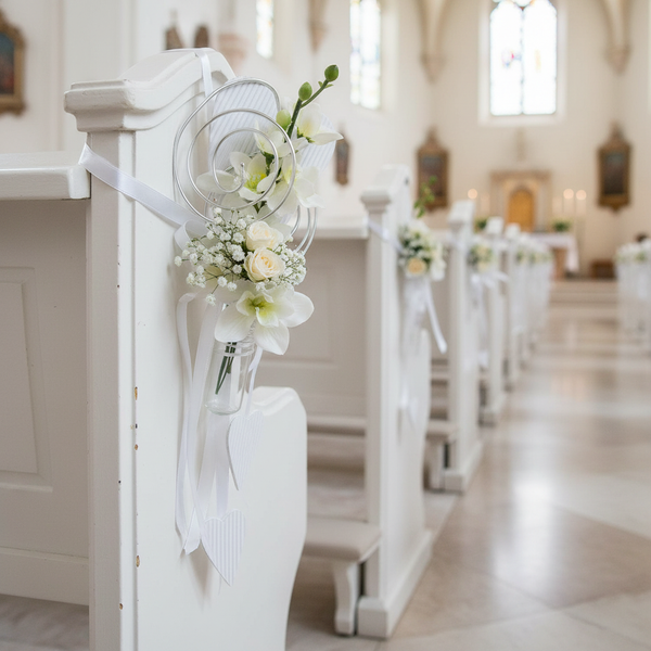 Blumige Hochzeitsdekoration an weißen hölzernen Kirchenbänken mit weißen Rosen, Lilien, Schleierkraut, silbernen Spiralen und weißen Bändern.