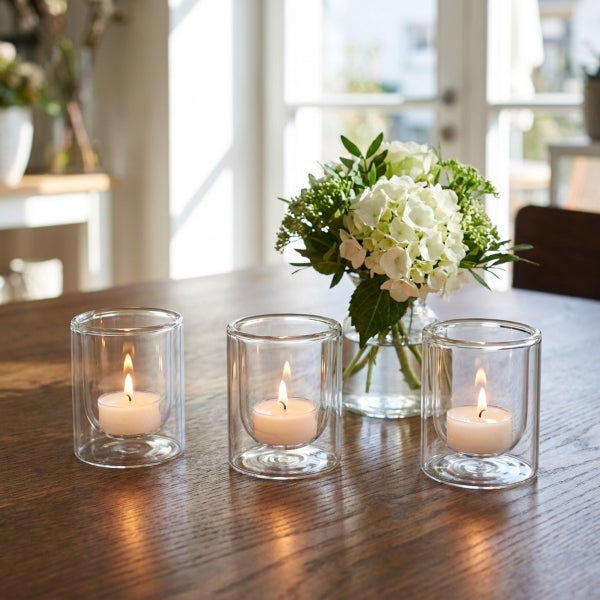 Drei Teelichthalter aus Glas mit brennenden Teelichtern und einer Blumenvase auf einem Holztisch in einer hellen Wohnumgebung.
