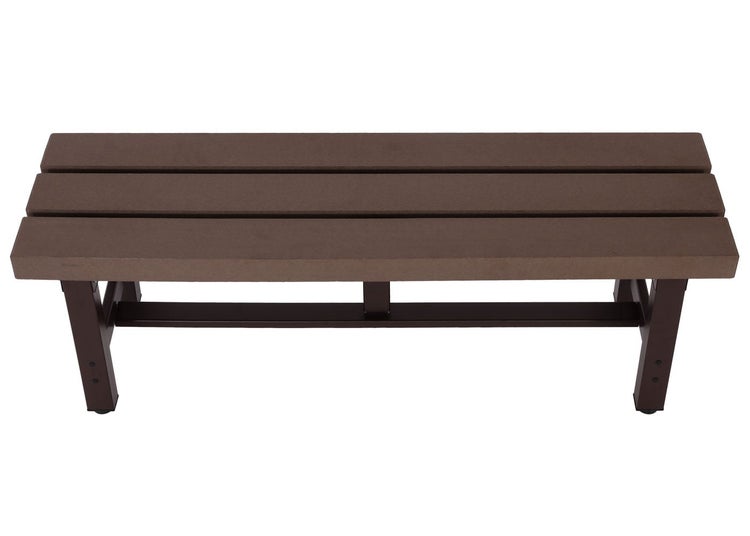 Gartenbank ohne Rückenlehne mit braunen Lamellen in Holzoptik und dunklem Metallgestell.