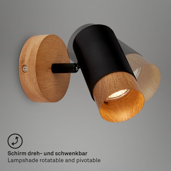 Spotlight, black, with wood, excl. 1xGU10/max.9W