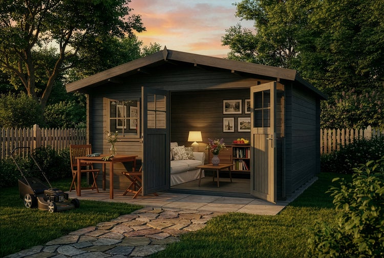Gartenhaus aus Holz mit Satteldach und Doppeltür, eingerichtet als Wohnraum mit Sofa und Lampe, in einem Garten mit Rasenmäher.