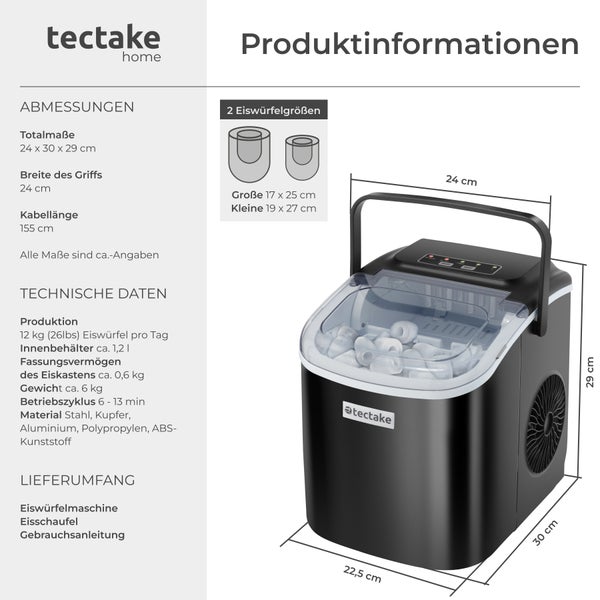 Eiswürfelmaschine tectake Arctic inklusive Eiskorb und Eisschaufel 1,2 l Wassertank, 2 Eiswürfelgrößen schwarz