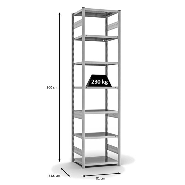 PROREGAL Fachbodenregal Stecksystem T-Profil Medium-Duty Grundregal HxBxT 300 x 75 x 50 cm 7 Ebenen Fachlast 230 kg Beidseitig Nutzbar Verzinkt