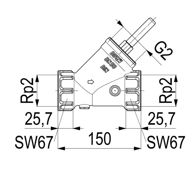 Technische Zeichnung eines Schrägsitzventils DN 50, Baulänge 150 Millimeter, Gewinde Rp 2 und G 2 sowie Schlüsselweite 67.