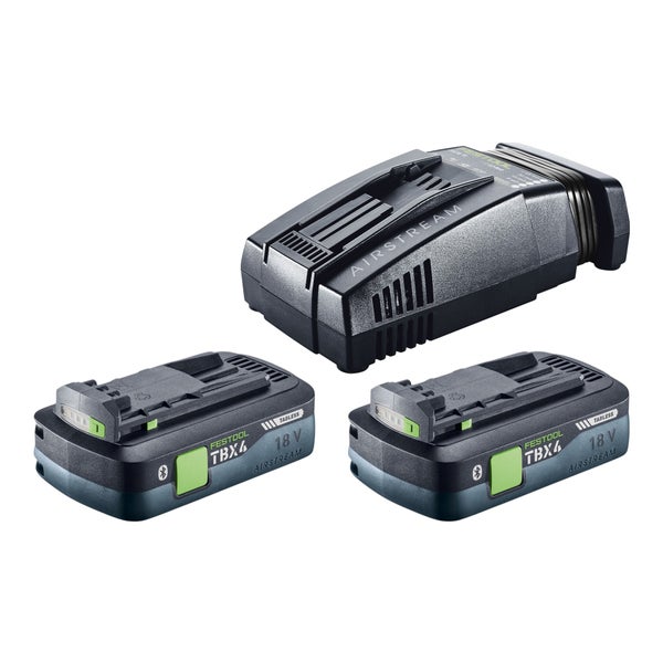 Festool Akku-Set mit einem SCA 16 Airstream Schnellladegerät und zwei 18 Volt Bluetooth Lithium-Ionen Akkus.