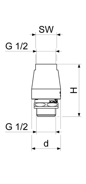 Technische Zeichnung einer Armatur mit Maßangaben für Höhe, Durchmesser, Gewinde G 1/2 und Schlüsselweite.