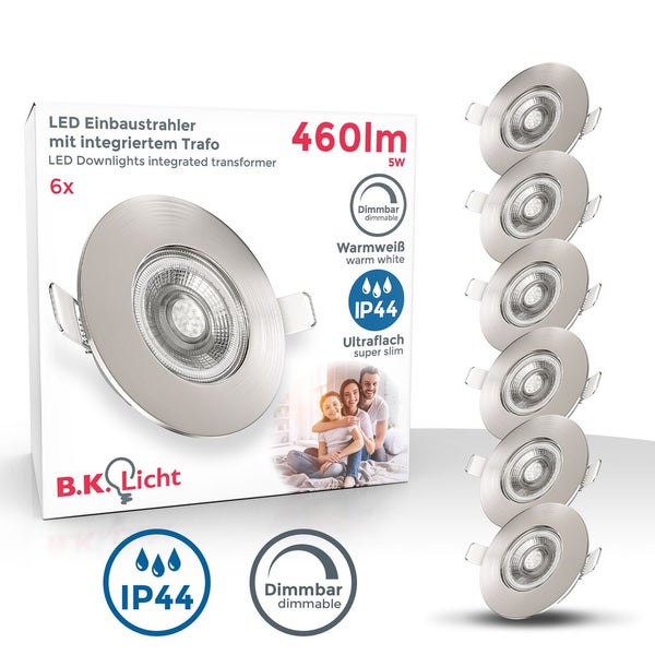 Einbaustrahler 68mm 6er Set - 230V, 4,9W, 480lm, LED, dimmbar, IP44, warmweiß, matt-nickel