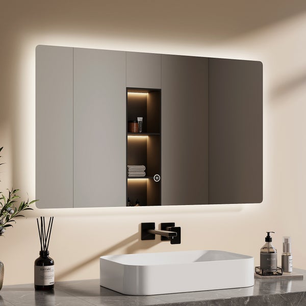 EMKE Badspiegel mit Beleuchtung 100 x 60 cm, Kaltweiß, Rückbeleuchtung, dimmbare Helligkeit, Touch-Schalter, horizontal/vertikal montierbar, IP44, für Bad