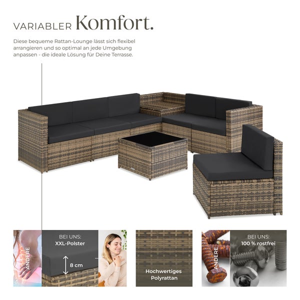 Rattan Lounge tectake Verona mit Sicherheitsglasplatte für 6 Personen natur