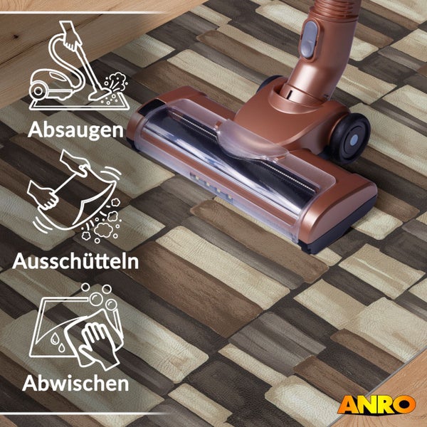 Bodenmatte mit Steinmuster wird abgesaugt. Symbole für Absaugen, Ausschütteln und Abwischen zeigen Reinigungsmöglichkeiten. ANRO Logo.