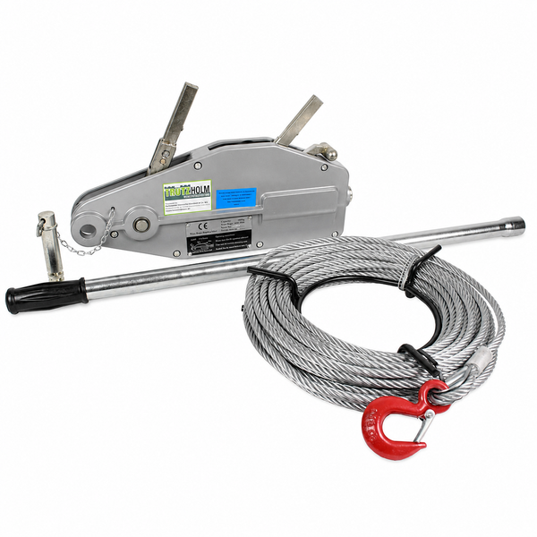 Trutzholm Seilzug Set mit Handseilwinde aus Metall, Hebelstange und Drahtseil mit Sicherheitshaken. Trutzholm Logo.