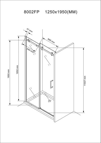 Technische Zeichnung einer Duschkabine mit Maßangaben