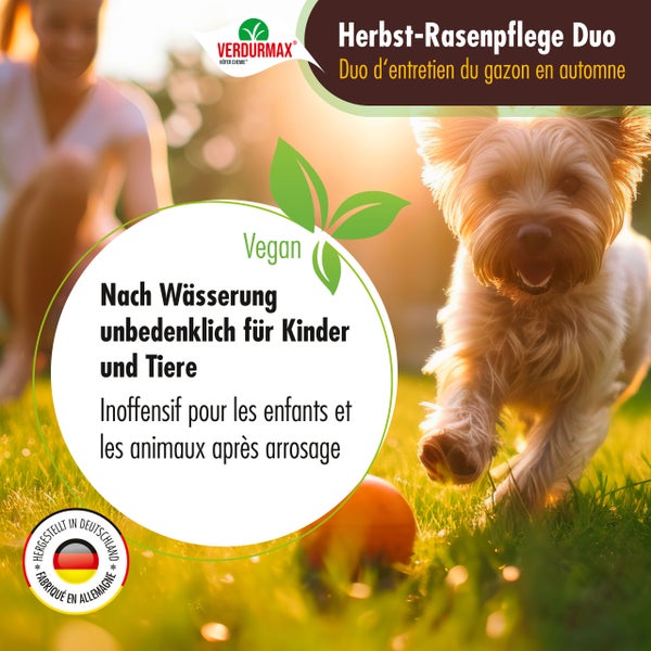Verdurmax Herbst-Rasenpflege Duo mit Hinweis auf Unbedenklichkeit für Kinder und Tiere nach der Bewässerung. Vegan.
