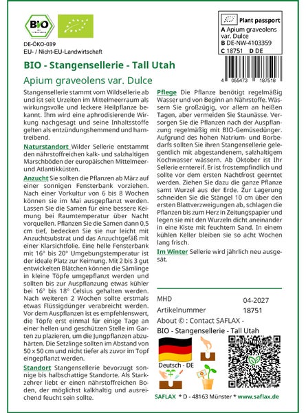 SAFLAX Garden to go - BIO - Stangensellerie - Tall Utah - Apium graveolens var. Dulce - 500 Samen - Mit Topf, Klima - Deckel und Anzuchtsubstrat
