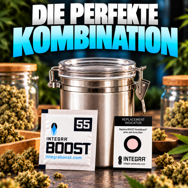 Integra Boost Feuchtigkeitsregulator 55 Prozent mit Vorratsglas und Indikatorkarte zur Kontrolle der Luftfeuchtigkeit von Kräutern.