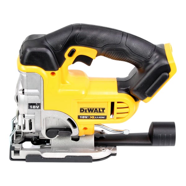 DeWalt 18 Volt Akku-Stichsäge mit ergonomischem Griff, Pendelhub-Einstellung und Staubabsauganschluss.