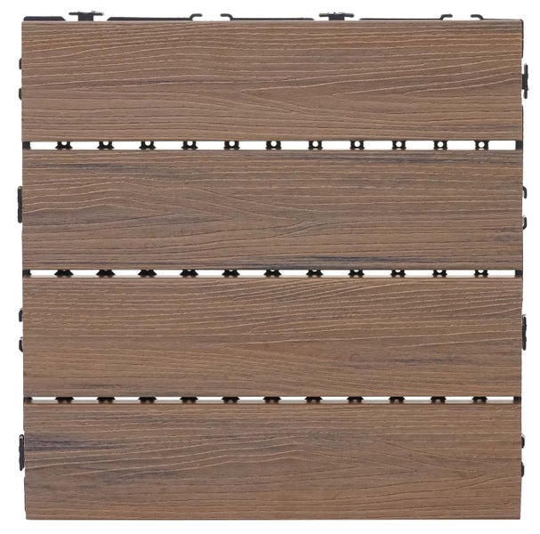 Braune WPC-Terrassenfliese mit Holzmaserung und Klicksystem.